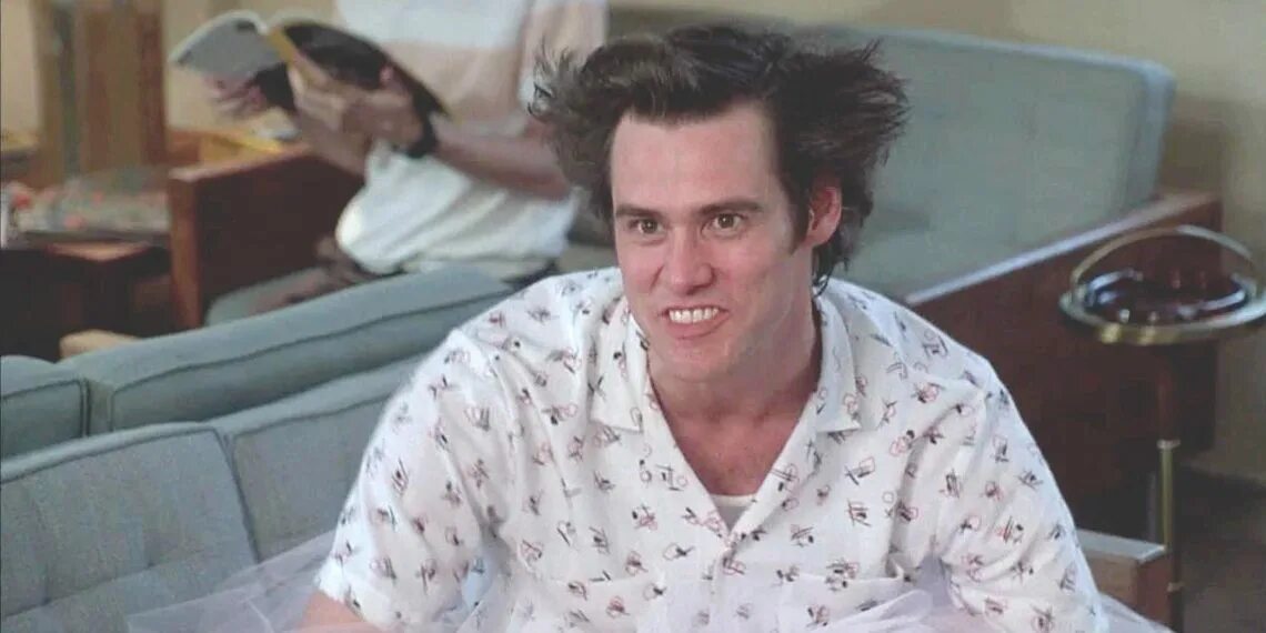 Стс чокнутые люди. Jim Carrey Ace Ventura. Эйс Вентура прическа. Эйс Вентура сумасшедший. Эйс Вентура в сумасшедшем доме.