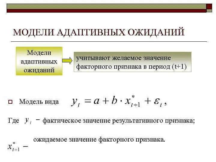 Модель адаптивных ожиданий. Эконометрическая модель. Приведенная форма эконометрической модели. Адаптивная модель временного ряда. Приведенная модель является