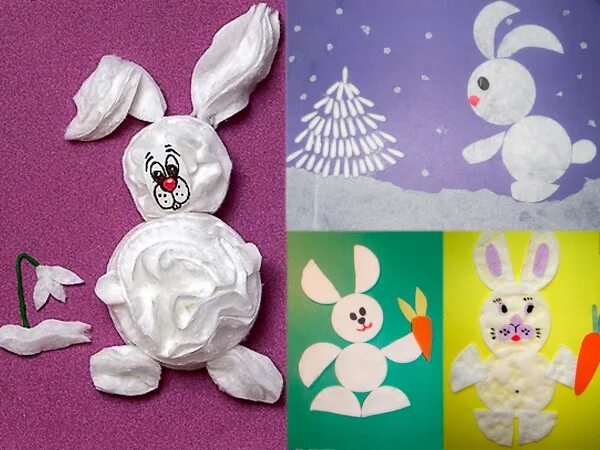 Зайчик из ватных дисков. Аппликация из ватных дисков. аппликация зайчик. поделка заяц из ватных дисков.