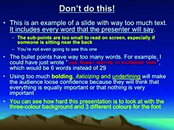 Slides examples. Example of a bad slide. bad presentation. bad slides.