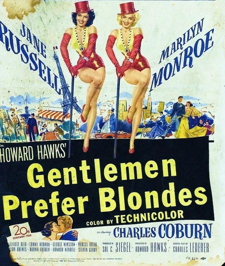 Prefer blondes. Джентльмены предпочитают блондинок.1953 Постер. Джентльмены предпочитают блондинок (1953). Джентльмены предпочитают блондинок афиша.