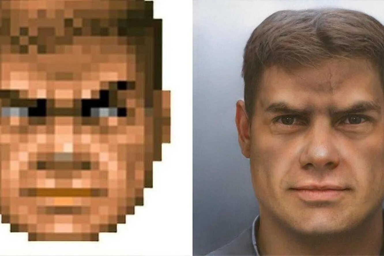 Фото в пиксели. Лицо героя Doom нейросеть.