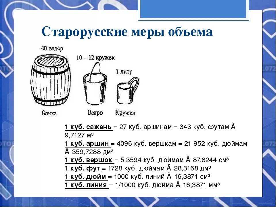 Меры объема. Старорусские меры объема жидкости. Старинная русская мера объема. Старинные русские меры объема.