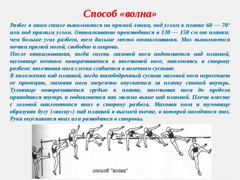 Угол разбега в прыжках в высоту. Способы прыжка в высоту с разбега. Прыжок в высоту способом волна. Техника прыжка в высоту способом волна.