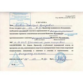 Медицинское заключение для допуска к физкультурным мероприятиям