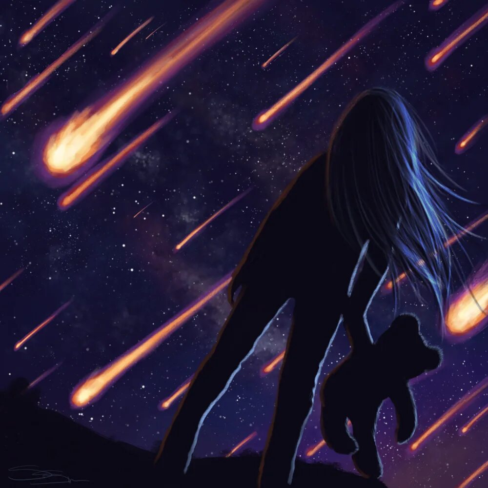 Девочка метеорит. Падение метеорита арт. метеорит арты. аниме про метеорит. падающий метеорит арт.