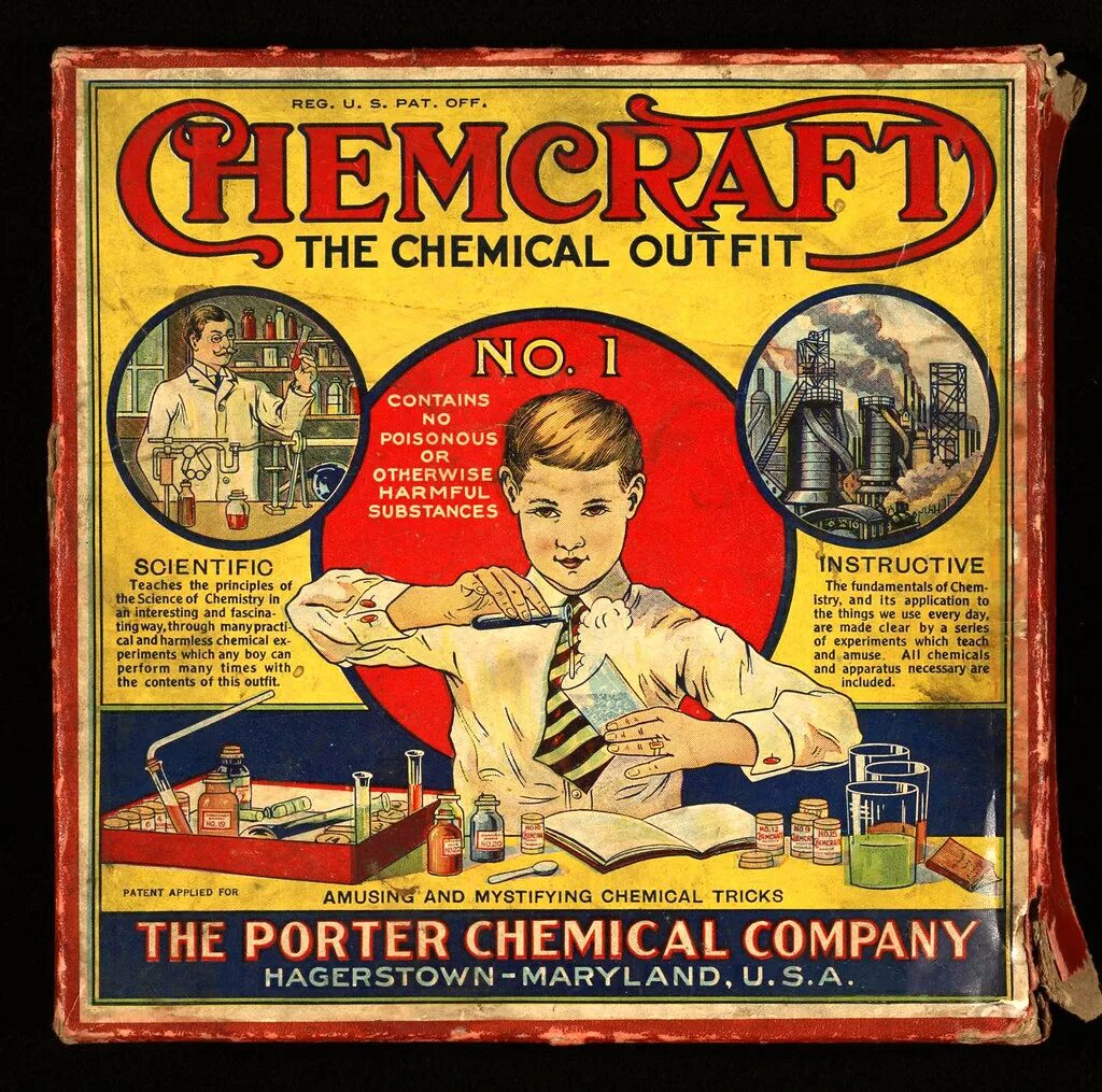 Pat reg. The Chemistry Set (the Ultimate Compilation of Slammin' big Beats). Old Science. Metal Printed Adverts from 1920s. Magazines about Scientific Experiments to read.