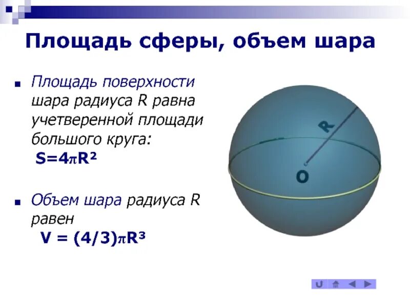 Сколько диаметров у шара. Сфера, площадь поверхности сферы. Объем шара.. Формулы для объема и площади поверхности сферы.. Объём сферы площадь поверхности сферы. Формула площади поверхности сферы и шара.