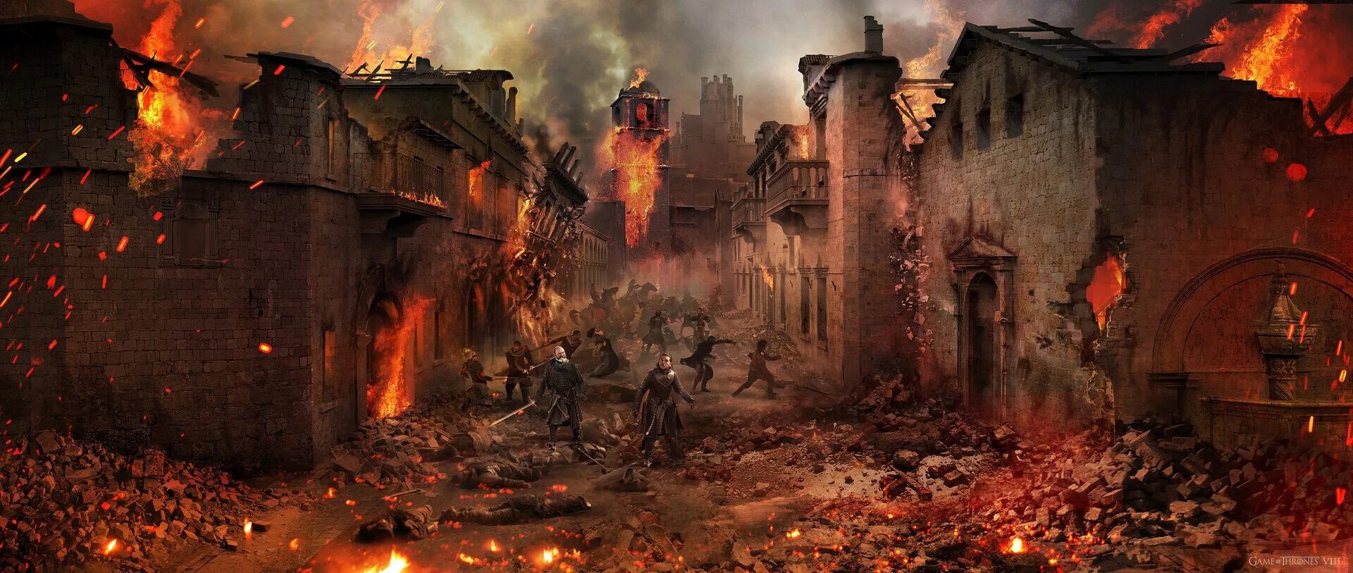Город после пожара. Горящий город средневековье. Разрушенный город. Руины в огне.
