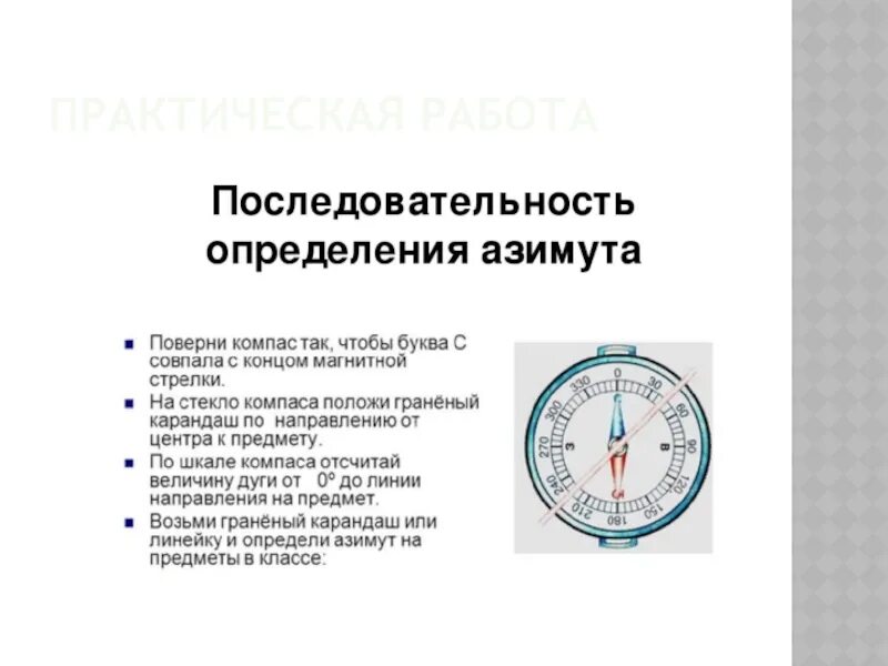 Как определить направление по компасу. География 5 класс ориентирование Азимут. Компас для определения азимута. Последовательность определения азимута. Порядок измерения азимута.