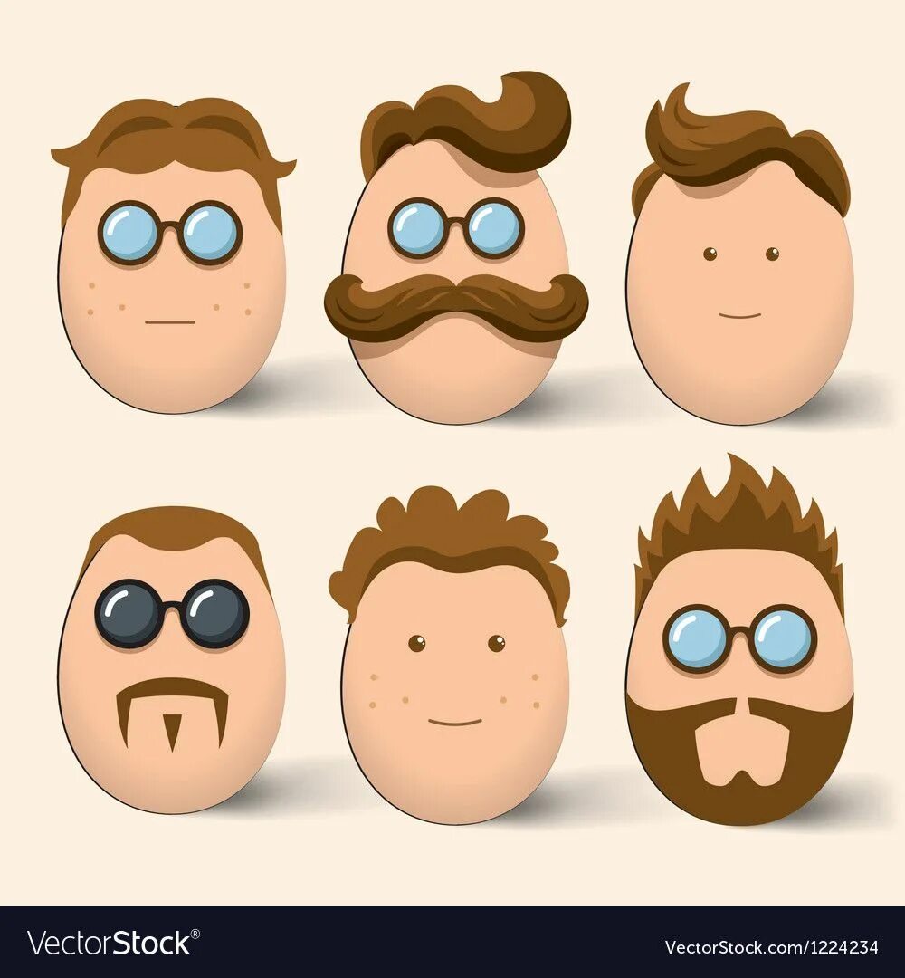 Man face egg. Egg character. Egg face. Colored Eggs face vector.