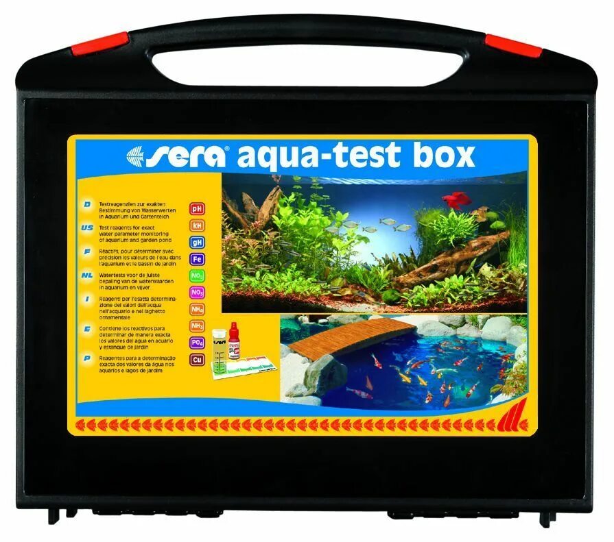 Тест наборы для воды. Sera Aqua-Test Box (cu) тесты для аквариумной воды (набор). Набор для измерения воды в аквариуме. Набор для анализов воды в аквариуме. Тест для воды Sera PН.