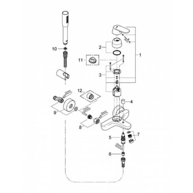 Ремонт душа grohe. Смеситель Grohe Eurosmart Cosmopolitan 32832000 для ванны/душа. Схема смесителя Grohe для ванной с душем. Смеситель Грое для ванной с душем конструкция. Смеситель для ванны Grohe однорычажный.