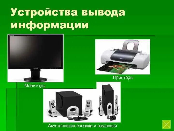 Устройство вывода 7 класс. Устройства вывода монитор. Устройства вывода колонки. Устройства вывода принтер. Устройства вsвода информации.