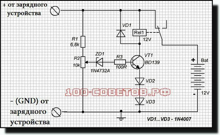 Схема автоматического отключения заряда аккумулятора. Схема ЗУ для АКБ С реле зарядки. Схема автомата зарядного устройства для автомобильного аккумулятора. Простая схема контроля заряда автомобильного аккумулятора.
