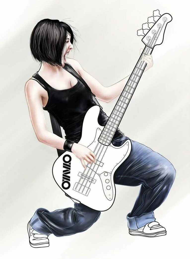 Bass girl. Рисунки девушек рокерш. Гитарист арт. Девушка рокер арт. Бас гитарист арты.