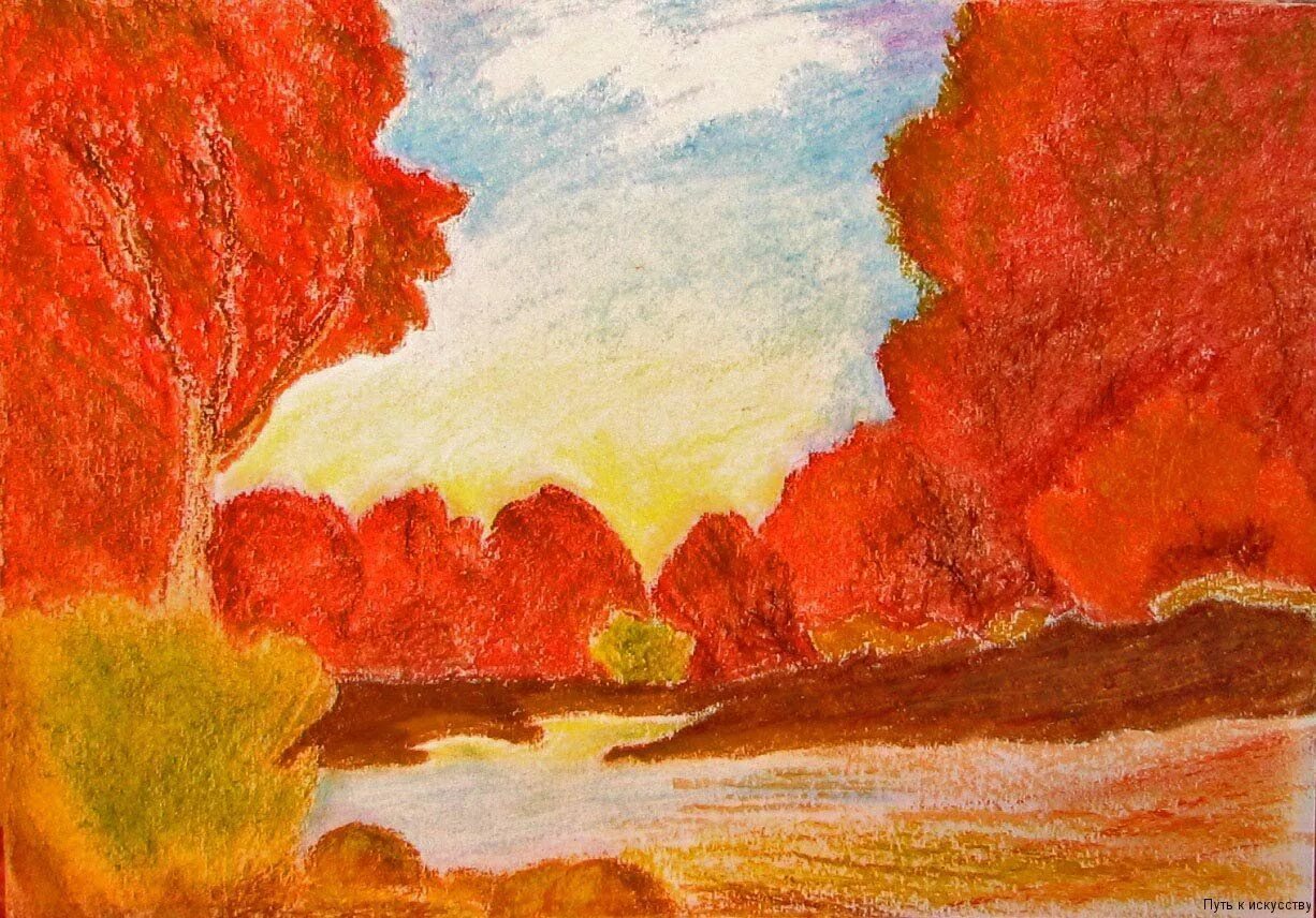Осенний пейзаж цветными карандашами. Осенний пейзаж карандашом. Осенний пейзаж восковыми мелками. Пейзаж в теплой цветовой гамме. Изо 2 класс небо