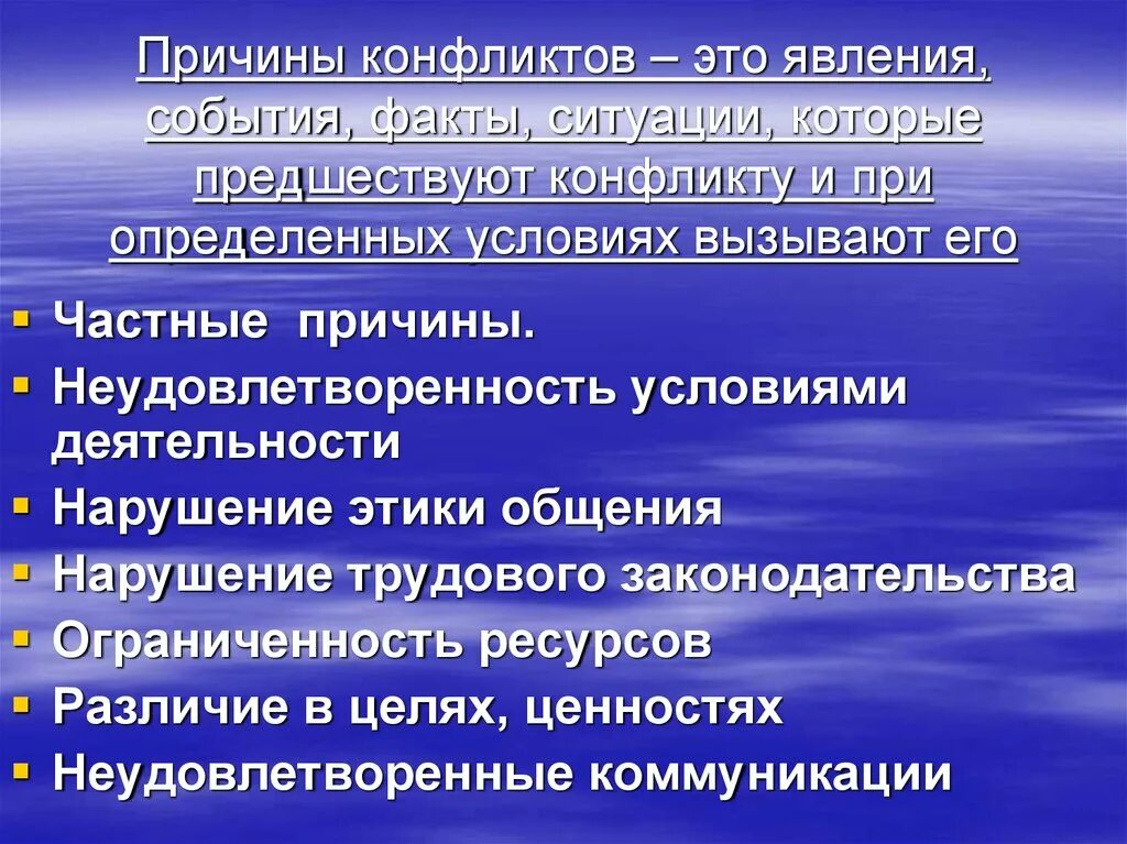 Явления конфликта. Частные причины конфликта. факты причины конфликта. нарушение этики ситуации. ограниченность ресурсов как причина конфликта.