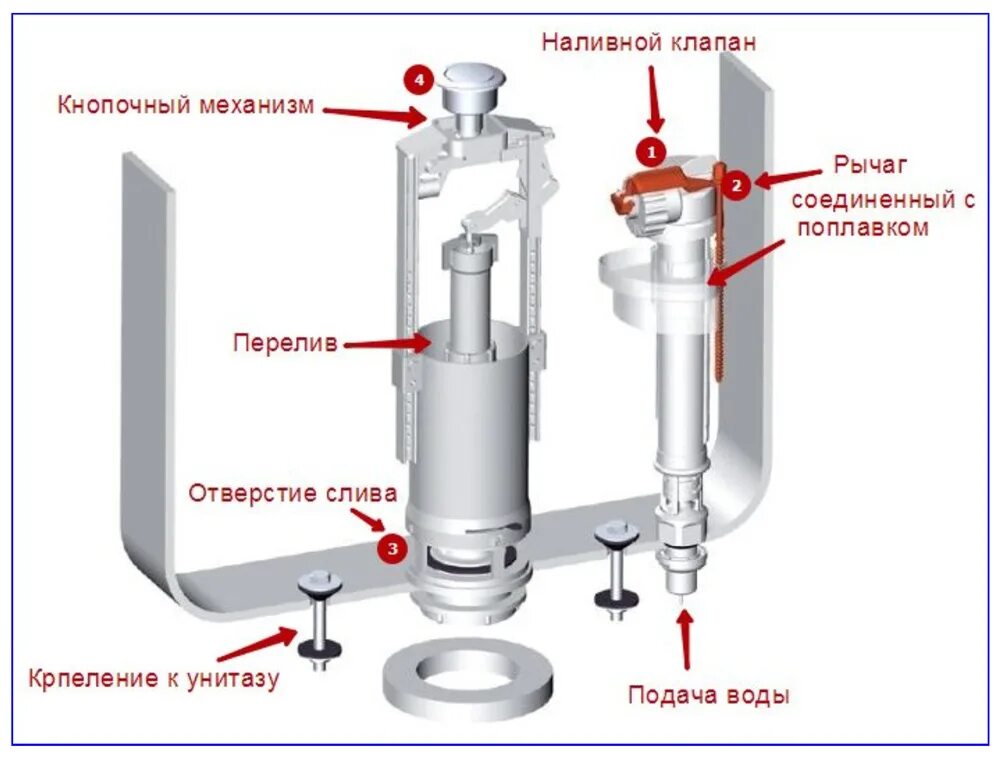 Почему не работает бачок. Схема устройства арматуры сливного бачка унитаза с кнопкой. Сливной механизм для бачка принцип работы. Принцип действия сливного механизма бачка унитаза. Схема монтажа арматуры бачка унитаза.