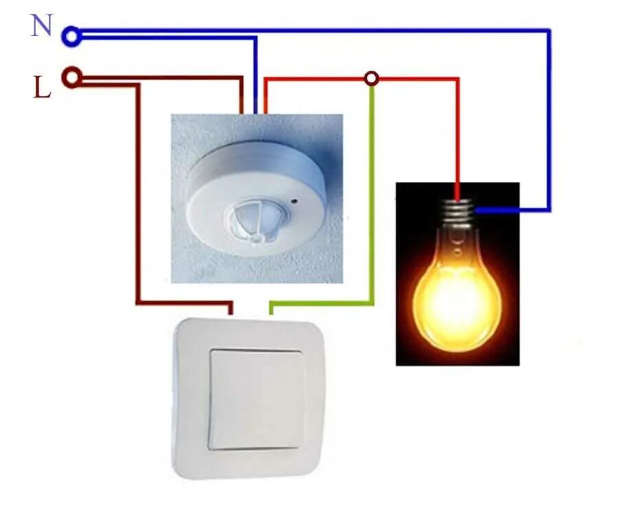 Как подключить датчик движения через выключатель