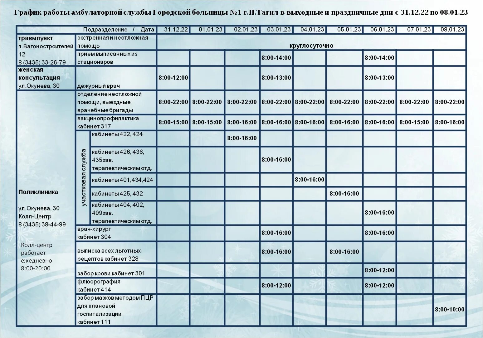 Женский консультация телефон нижний тагил. Графики работы в больнице. Режим работы поликлиник в новогодние праздники 2023 год. Как работают больницы в праздники. Режим работы поликлиники.