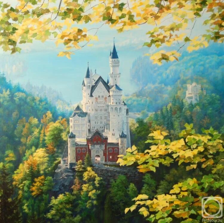 Замок картина. Сказочный замок Нойшванштайн. Картина замок Нойшванштайн. Картина маслом замок Нойшванштайн. Репродукция Нойшванштайн.