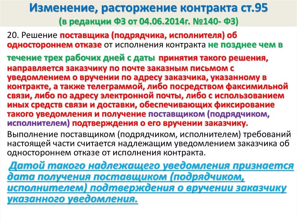 Случаи одностороннего отказа от исполнения контракта. Порядок расторжения государственного контракта. Изменение, расторжение контракта. Решение о расторжении контракта. Расторжение контракта поставщиком.