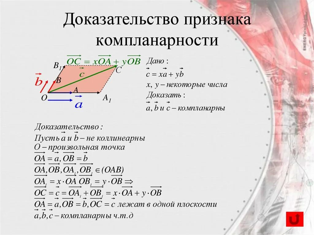 Докажите что векторы c. Признак компланарности векторов доказательство. Признак компланарности трех векторов доказательство. Призрак компланпрности векторов. Доказать компланарность векторов.