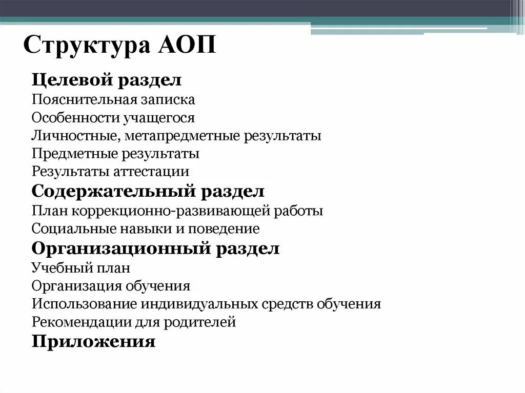 Аоп разрабатывается. Структура адаптивной образовательной программы. Структура АОП целевой раздел. Структурные компоненты АОП. Структура адаптированной основной программы.