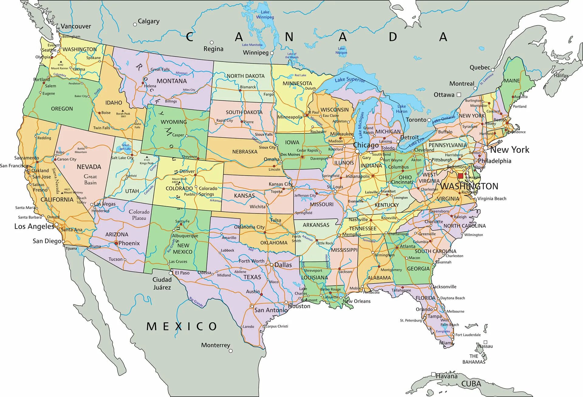 Название городов северной америки. Политическая карта Штатов США. Карта США со Штатами. Политическая карта Северной Америки со Штатами. Атлас США со Штатами.