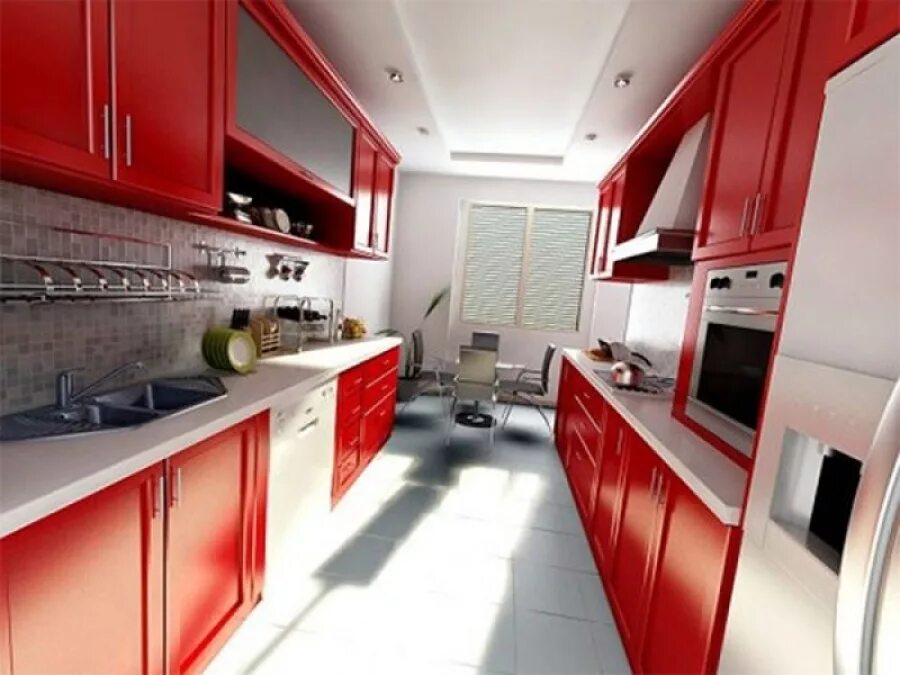 Длинные кухни. Интерьер узкой кухни. Красные кухни. Кухня длинная и узкая интерьер.