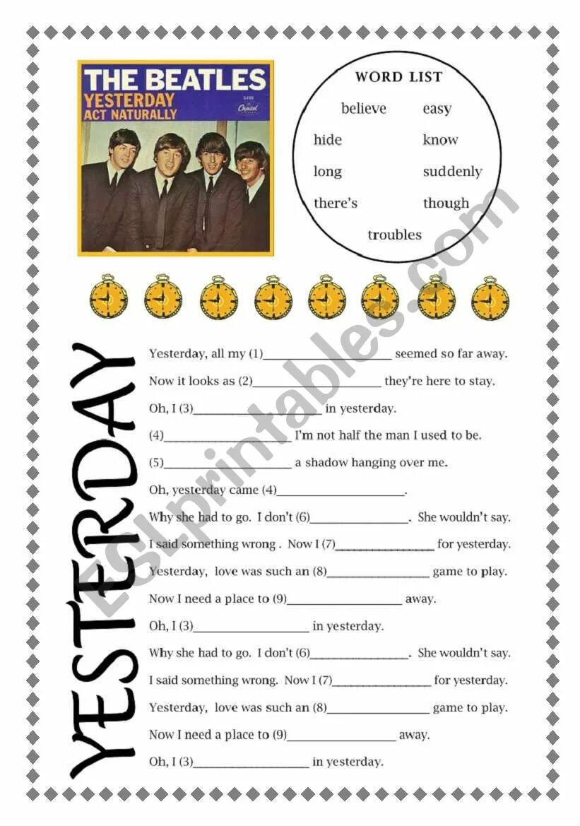 Yesterday Beatles слова. Битлз вчера текст на английском. Yesterday текст на английском. Beatles Worksheets. Песня естудей на английском