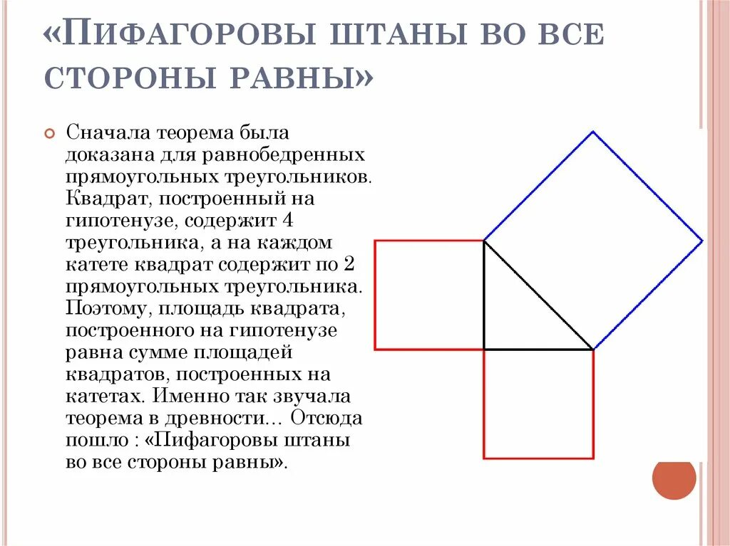 Пифагоровы штаны на все стороны равны что. Пифагор в пифагоровых штанах. Пифагоровы штаны доказательство теоремы. Теорема Пифагора Пифагоровы штаны. Доказательство теоремы Пифагора Пифагоровы штаны.