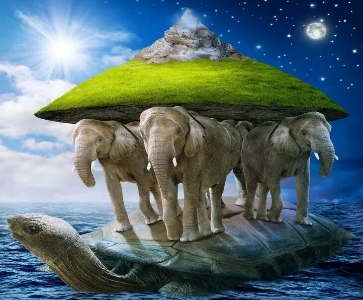Представления людей о вселенной. Земля на трех слонах и черепахе. Представление о земле в древности. Древняя земля на слонах и черепахи. Три кита представление о земле.