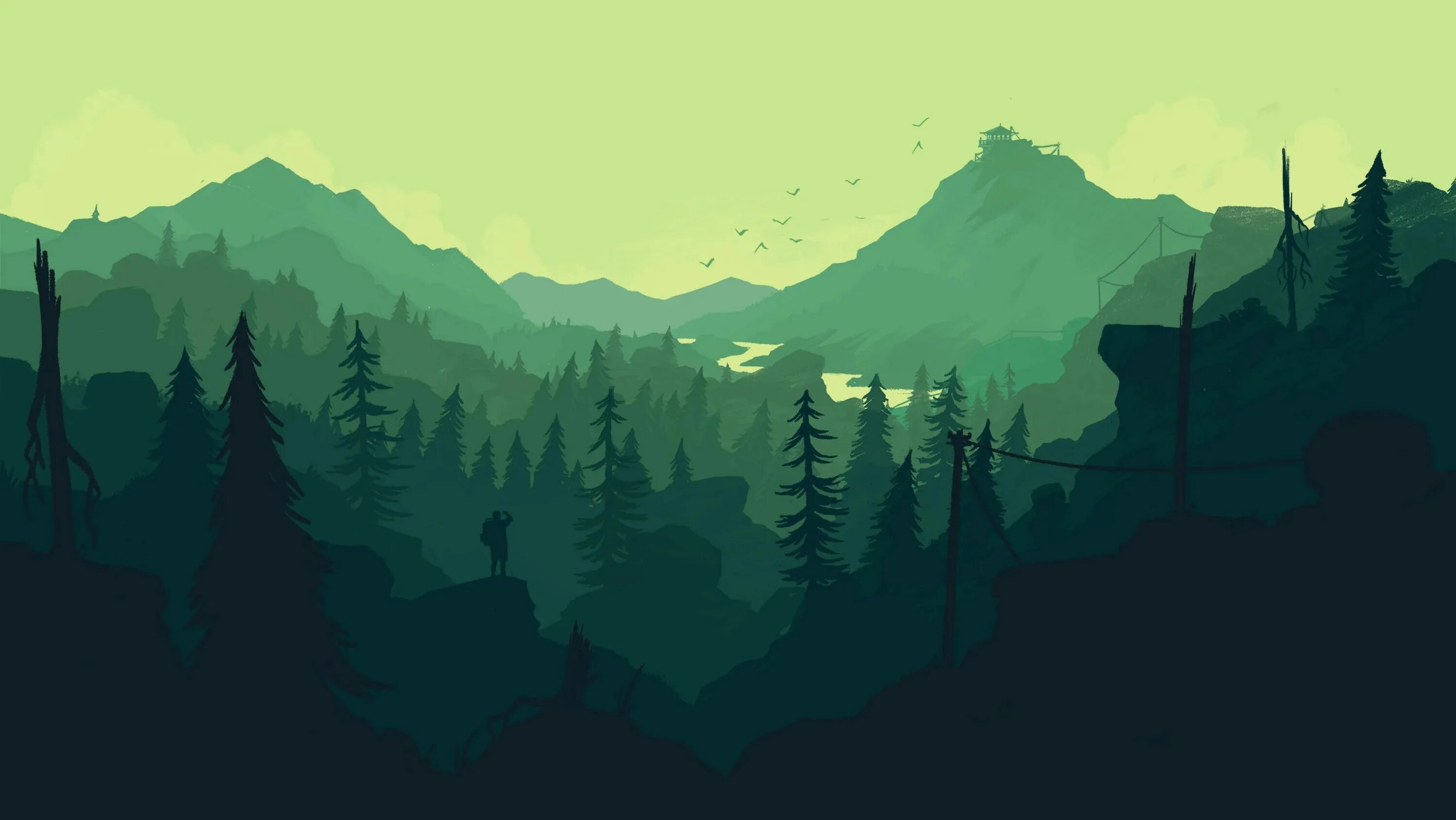 Flat dark. Firewatch Брайан. Игра про лесника Firewatch. Firewatch лес река горы.