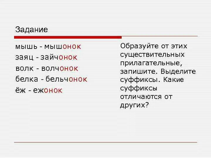 Белка с суффиксами. Бельчонок суффикс. Бельчонок какой суффикс. Зайчата суффикс. Зайцев суффикс слова