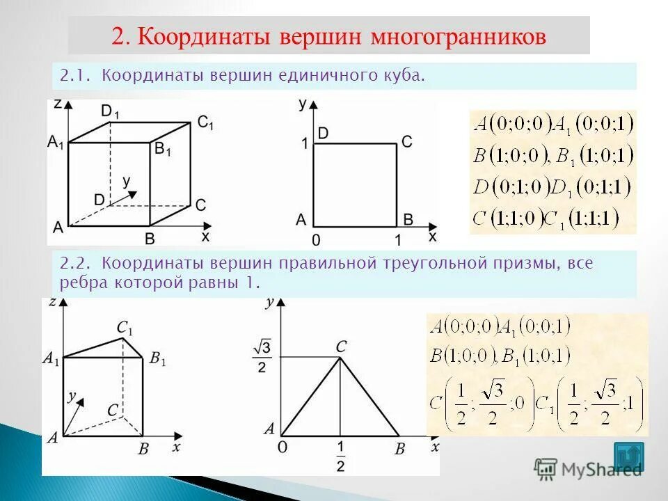 Координаты правильной треугольной Призмы. Координаты вершин многогранников. Правильная треугольная Призма в системе координат. Как найти координаты вершин Куба.