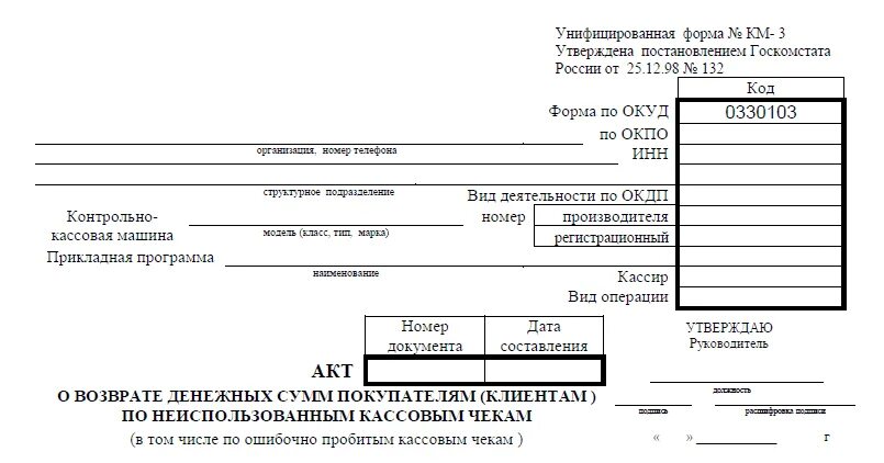 Форма акта км3. Акт формы км-3 о возврате денежных средств. Акт по форме км-3 на возврат денежных средств. Км-3 акт о возврате денежных сумм покупателям клиентам. Км 3 образец