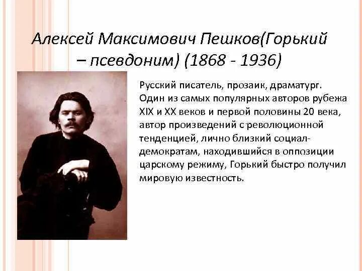 Сообщение о м горьком. М. Горького (Алексея Пешкова. Краткая биография Максима Горького Пешкова.