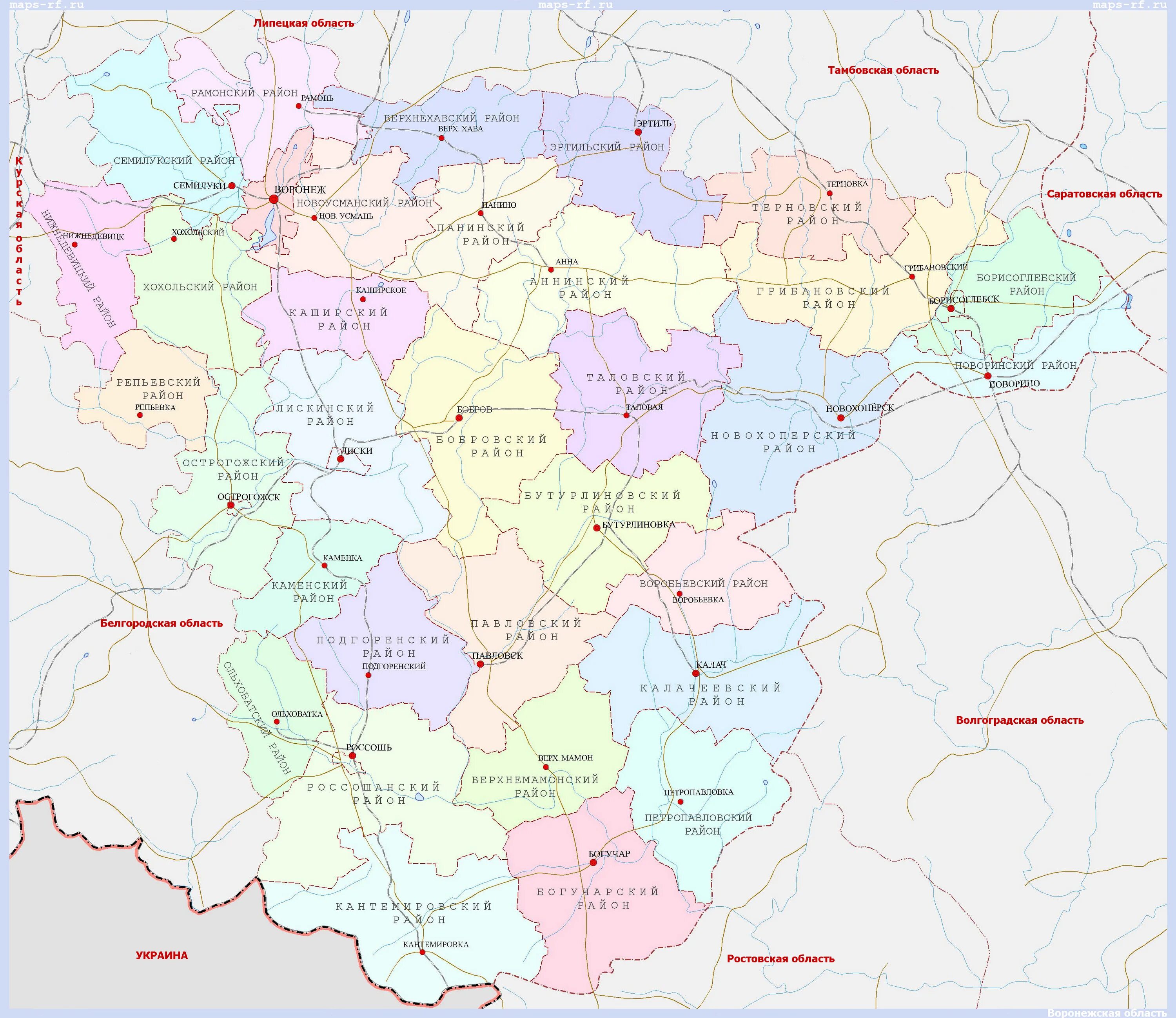 Воронежская область дорог подробная карта. Районы Воронежской области. Карта Воронежской области с граничащими областями. Воронежская область на карте России. Воронежская область на карте границы.