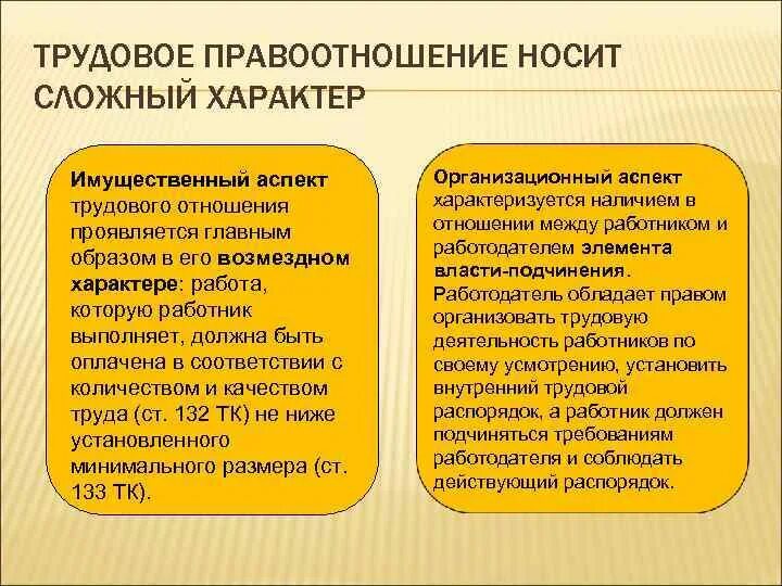 Имущественные трудовые отношения. Элементы трудового правоотношения. Организационные и имущественные элементы трудового правоотношения..