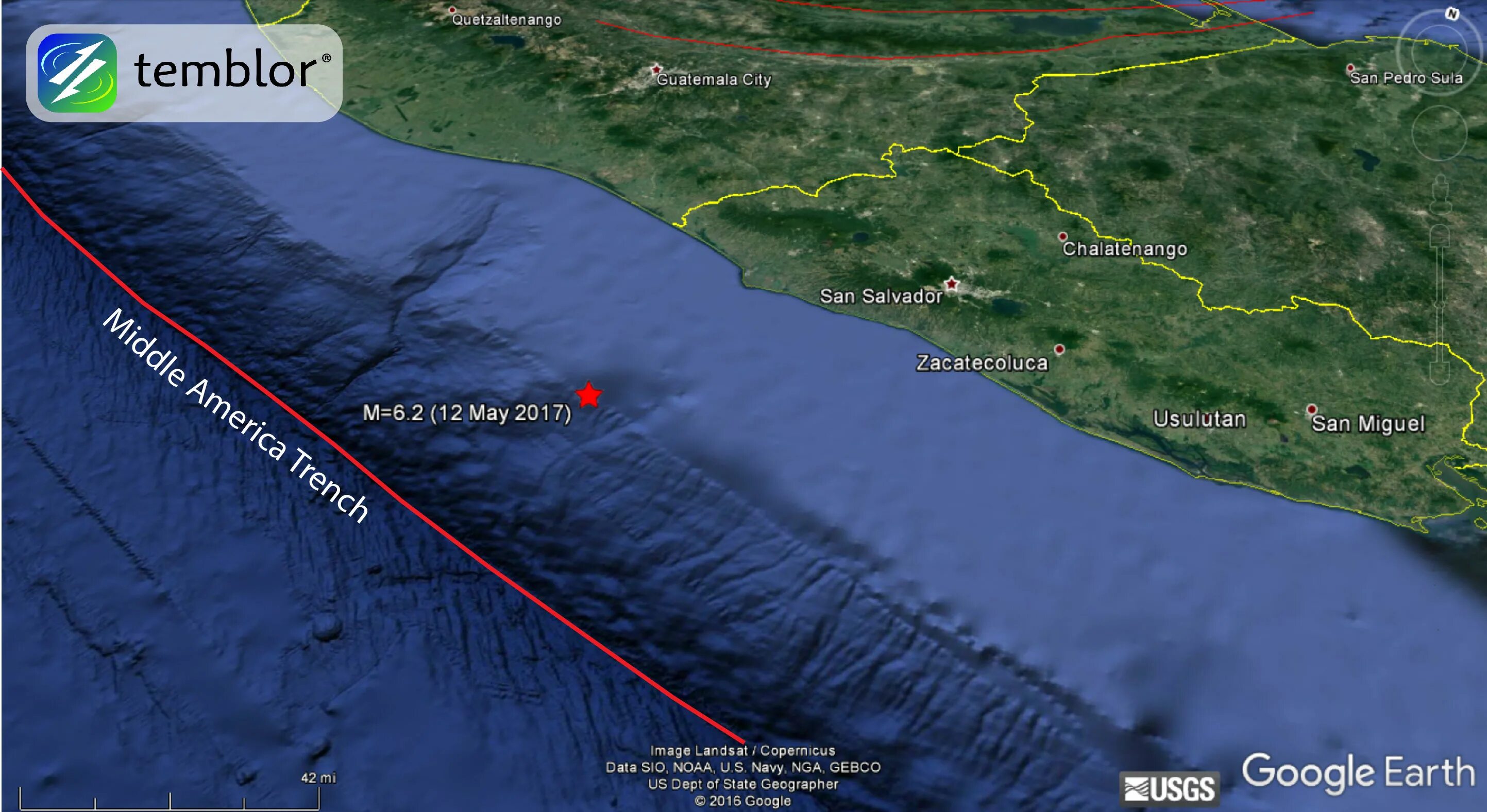 Сальвадор землетрясение. Google Earth earthquake Map.