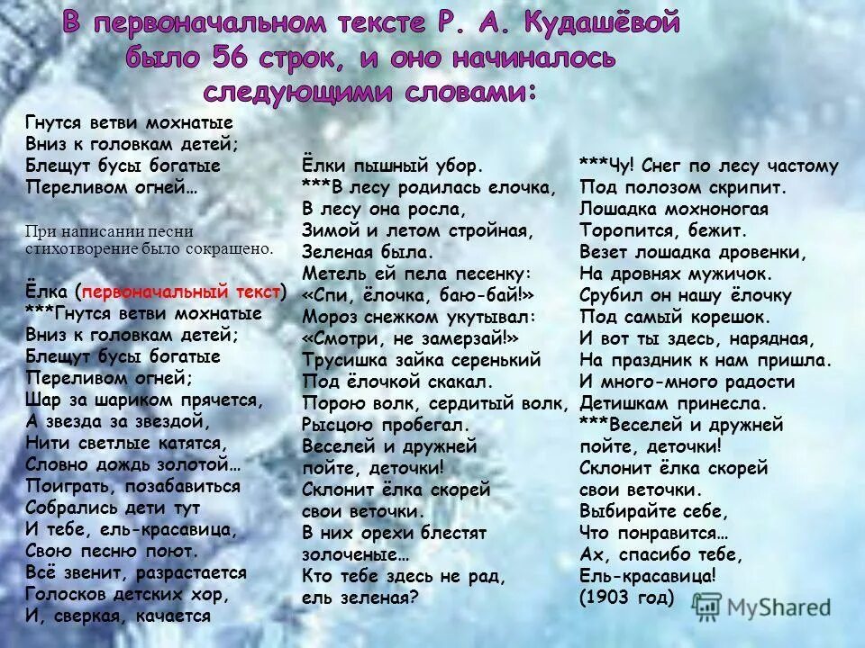 Стихи популярных песен. Стихотворение в лесу родилась елочка полная. Стихи р. а. Кудашевой.