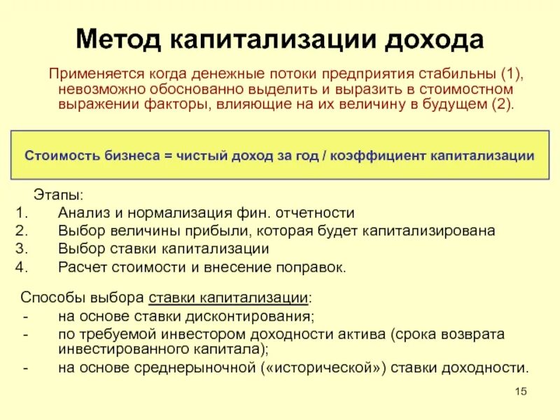 Капитализация денежных потоков это. Метод капитализации денежного потока. Оценка стоимости бизнеса методом капитализации доходов. Стоимость компании методом капитализации.