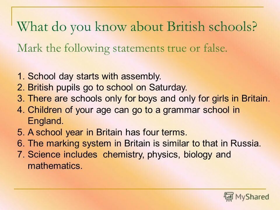 Mark the statements true. Презентация british schools. true or false. mark the statements. the brit school текст.
