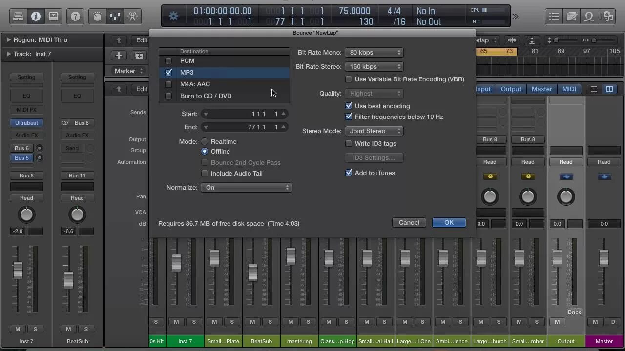 Экспортировать музыку. Logic Pro x Bounce. Logic Pro 10.7.7. Дорожка трека в Logic x. WAV картинка.