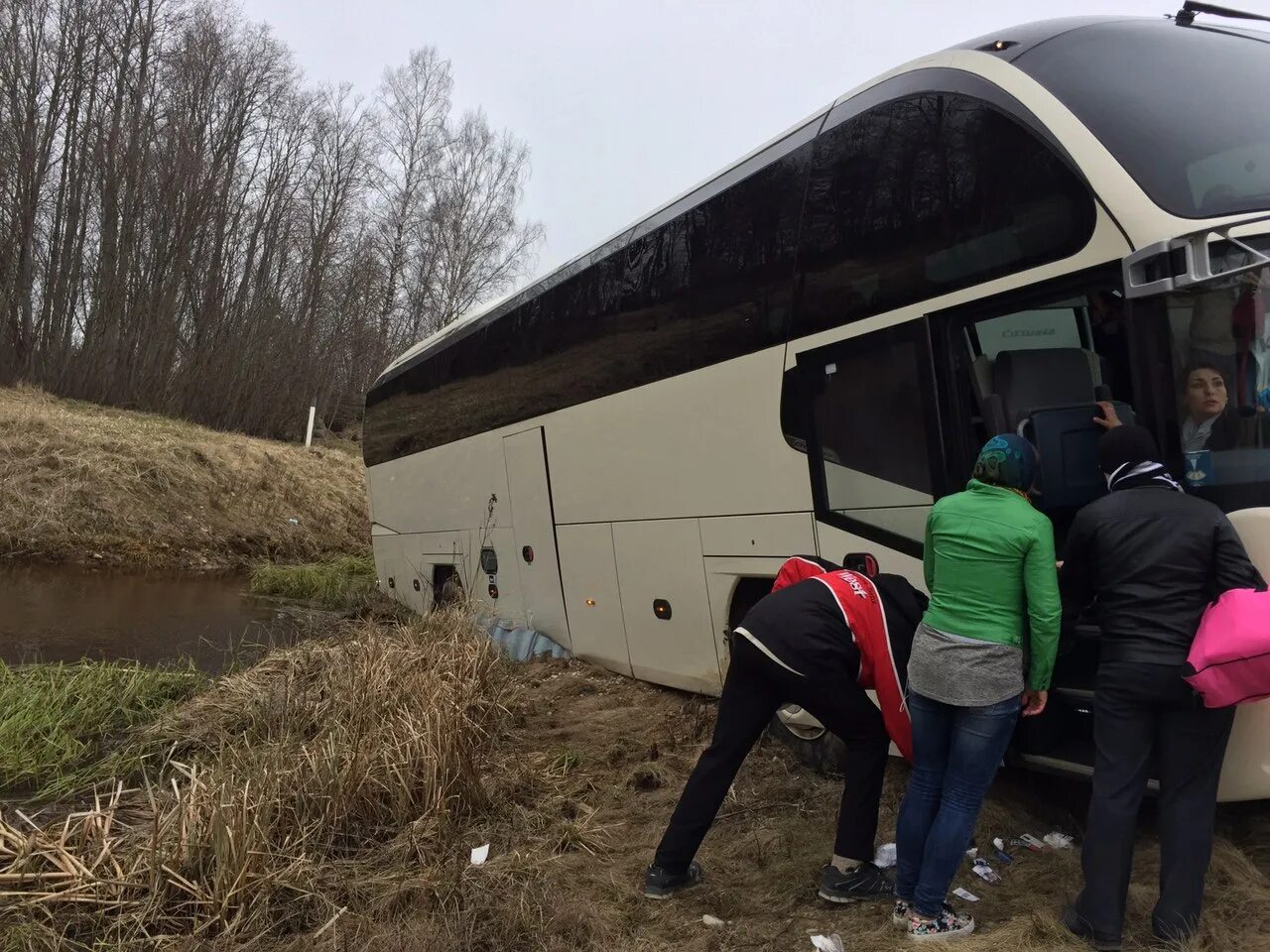 Водитель экскурсионного автобуса. Автобус в кювете. Экскурсионный автобус в канаве.