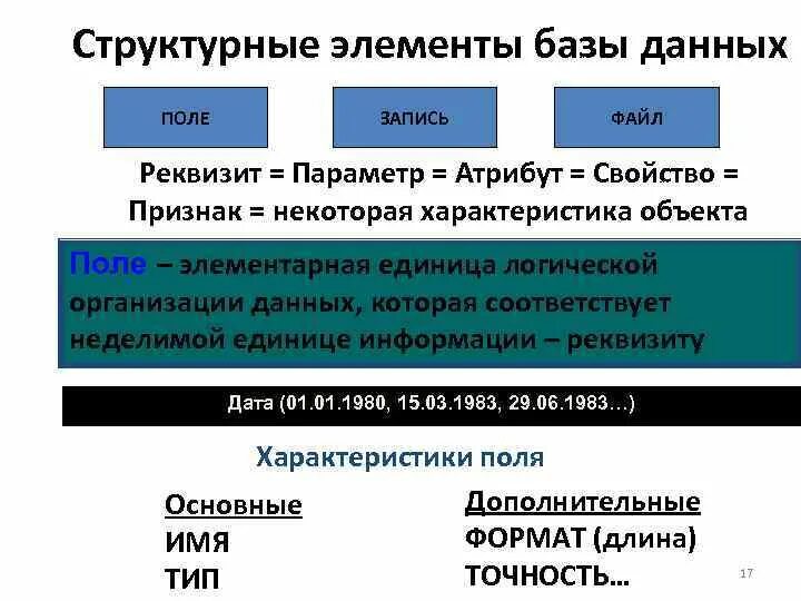 Основные элементы бд. Структурные элементы базы данных. поле, запись, файл.