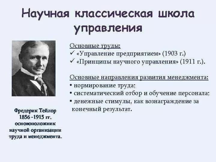 Развитие классической теории. Классическая школа управления ф. Тейлора. Школа научного управления. Научные школы менеджмента. Классическая школа научного управления.