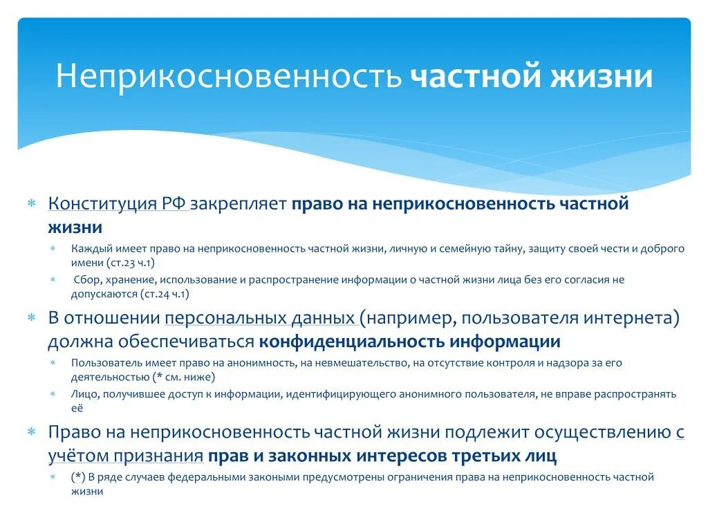 Право на неприкосновенность частной жизни. Право на неприкосновенность личной жизни. Ограничения использования информации о частной жизни.